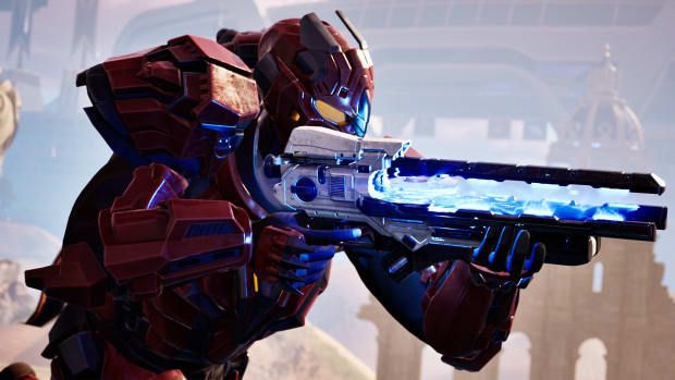 Tribes 3 Rivals screenshot showing an armored soldier firing a futuristic gun.